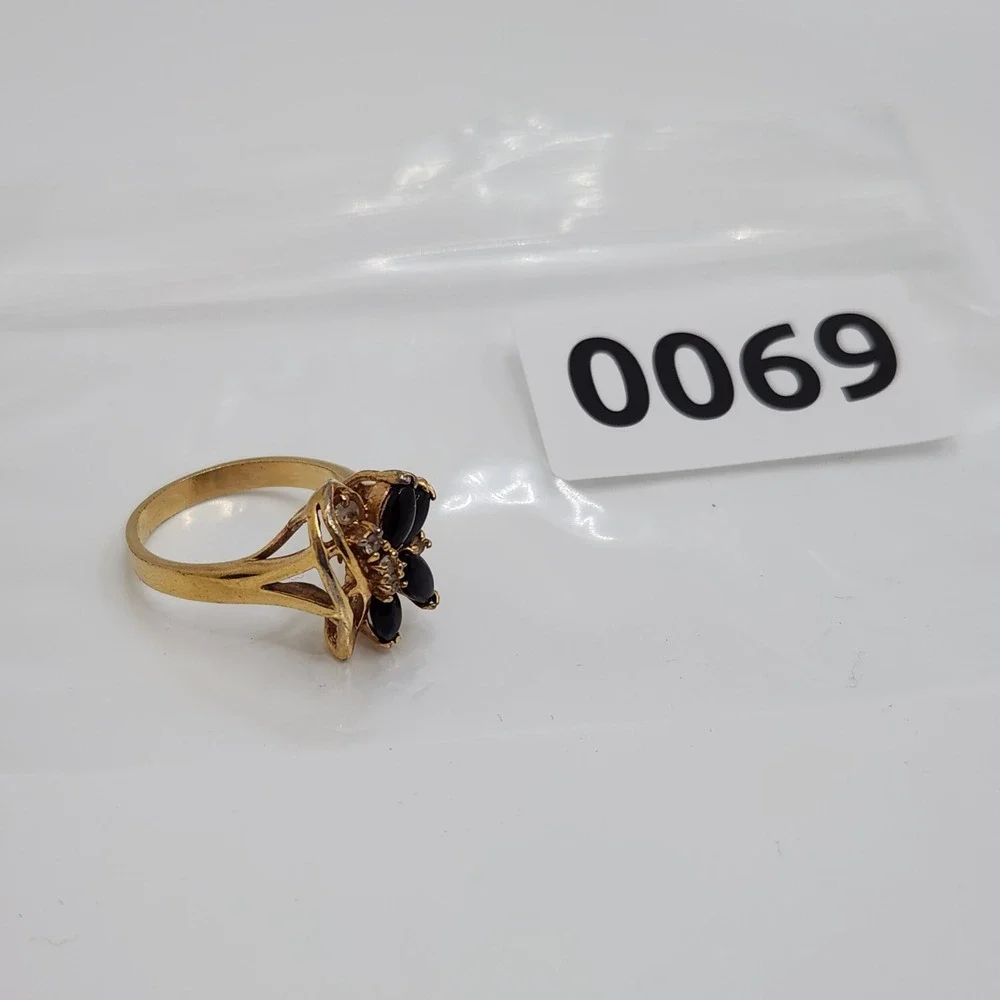 Vintage 14k TGE Black Marquise Floral Cluster Statement Ring Size 7.25 Gold Tone